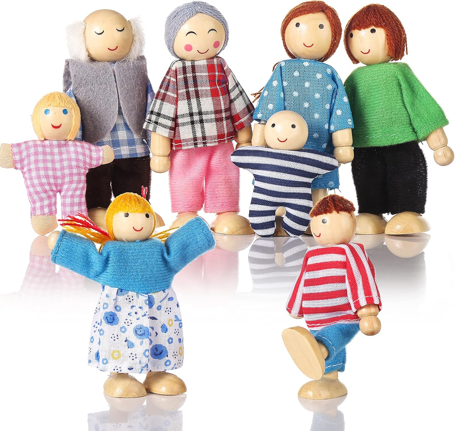 Jzszera Dolls House People Family of 8 Wooden Figure Set, Small Wooden Dolls Toys for Children Girls-0