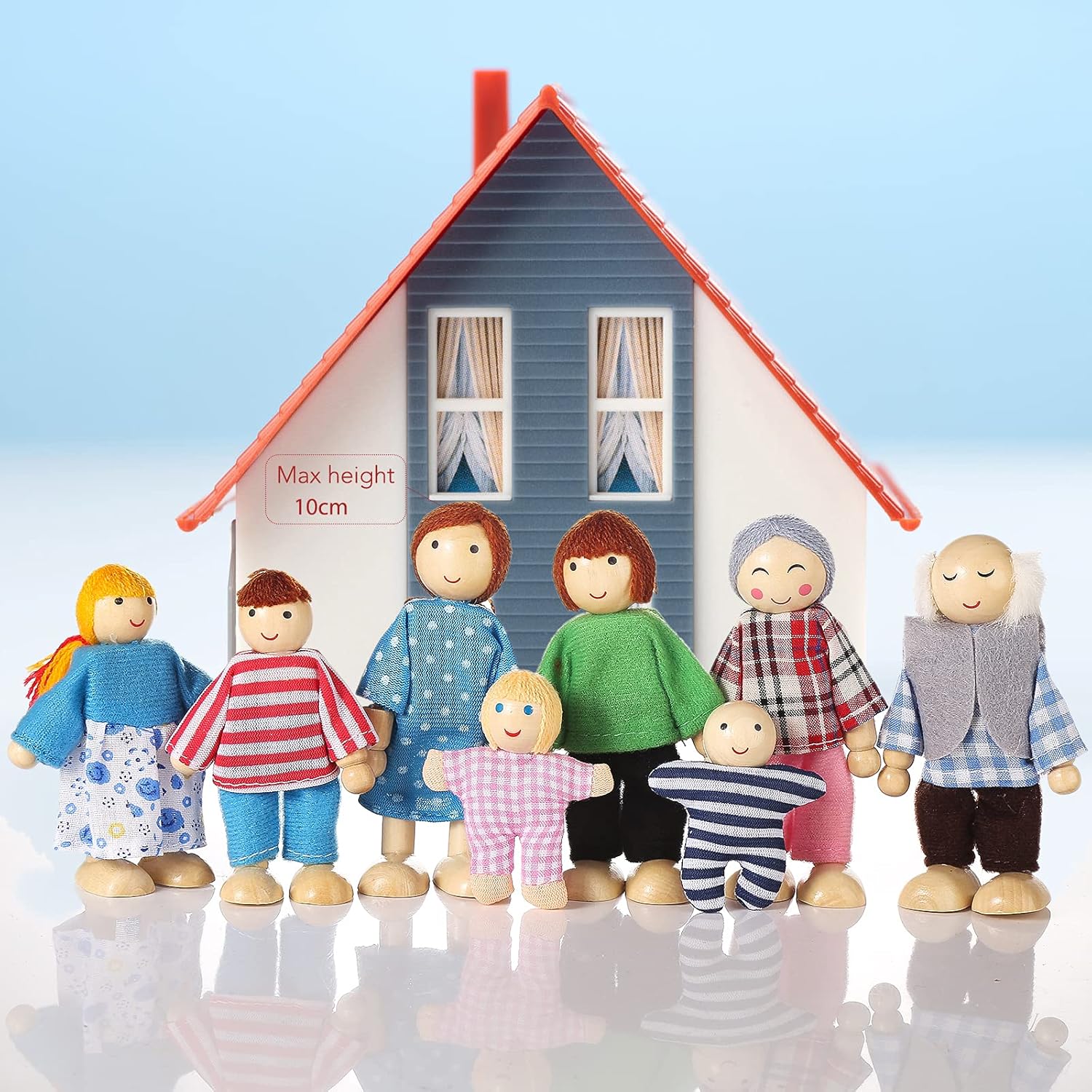 Jzszera Dolls House People Family of 8 Wooden Figure Set, Small Wooden Dolls Toys for Children Girls-1