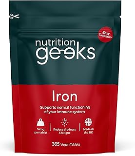 Iron Tablets High Strength 14mg - 365 Tablets, 12 Months Supply - Vegan Iron Supplements for Women and Men - Ferrous Fumarate Energy Tablets, Reduces Tiredness and Fatigue - UK Made Iron Vitamin