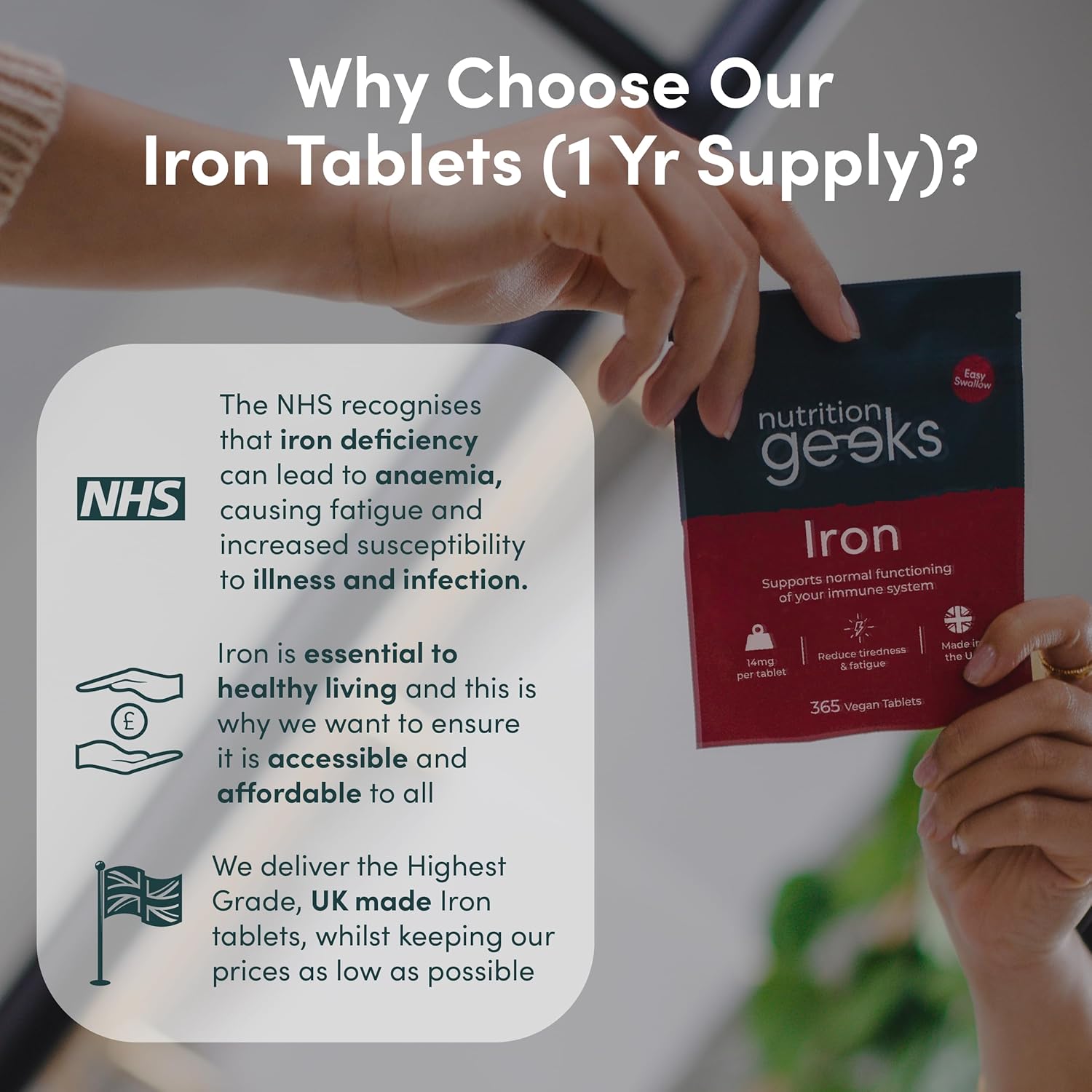 Iron Tablets High Strength 14mg - 365 Tablets, 12 Months Supply - Vegan Iron Supplements for Women and Men - Ferrous Fumarate Energy Tablets, Reduces Tiredness and Fatigue - UK Made Iron Vitamin-1