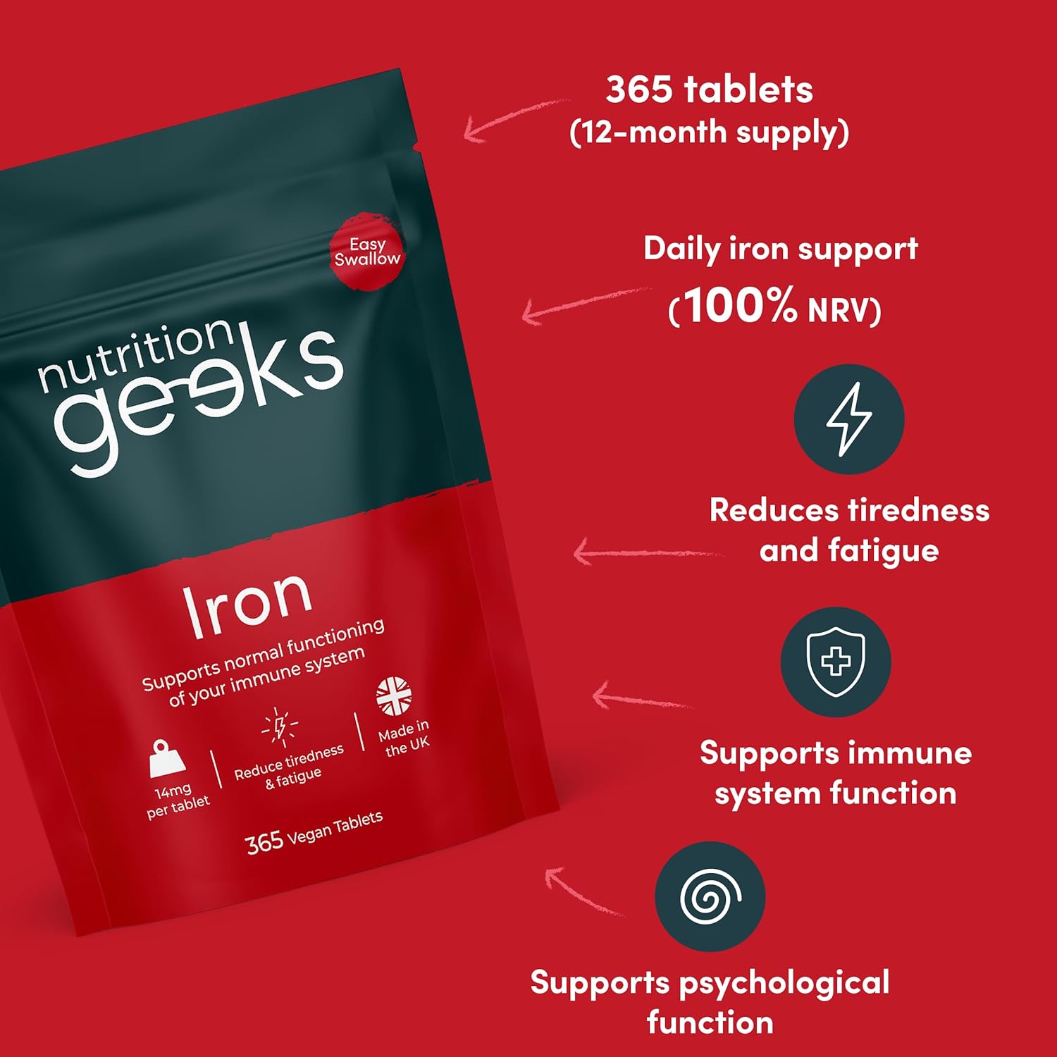 Iron Tablets High Strength 14mg - 365 Tablets, 12 Months Supply - Vegan Iron Supplements for Women and Men - Ferrous Fumarate Energy Tablets, Reduces Tiredness and Fatigue - UK Made Iron Vitamin-2