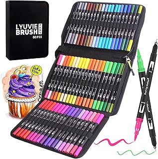 Lyuvie Colouring Pens, 60 Dual Tip Brush Markers with for Adults Kids,Felt BrushTip Pens Fineline Coloured Pens with Case for Drawing,Colouring,Sketching,Easter,Christmas