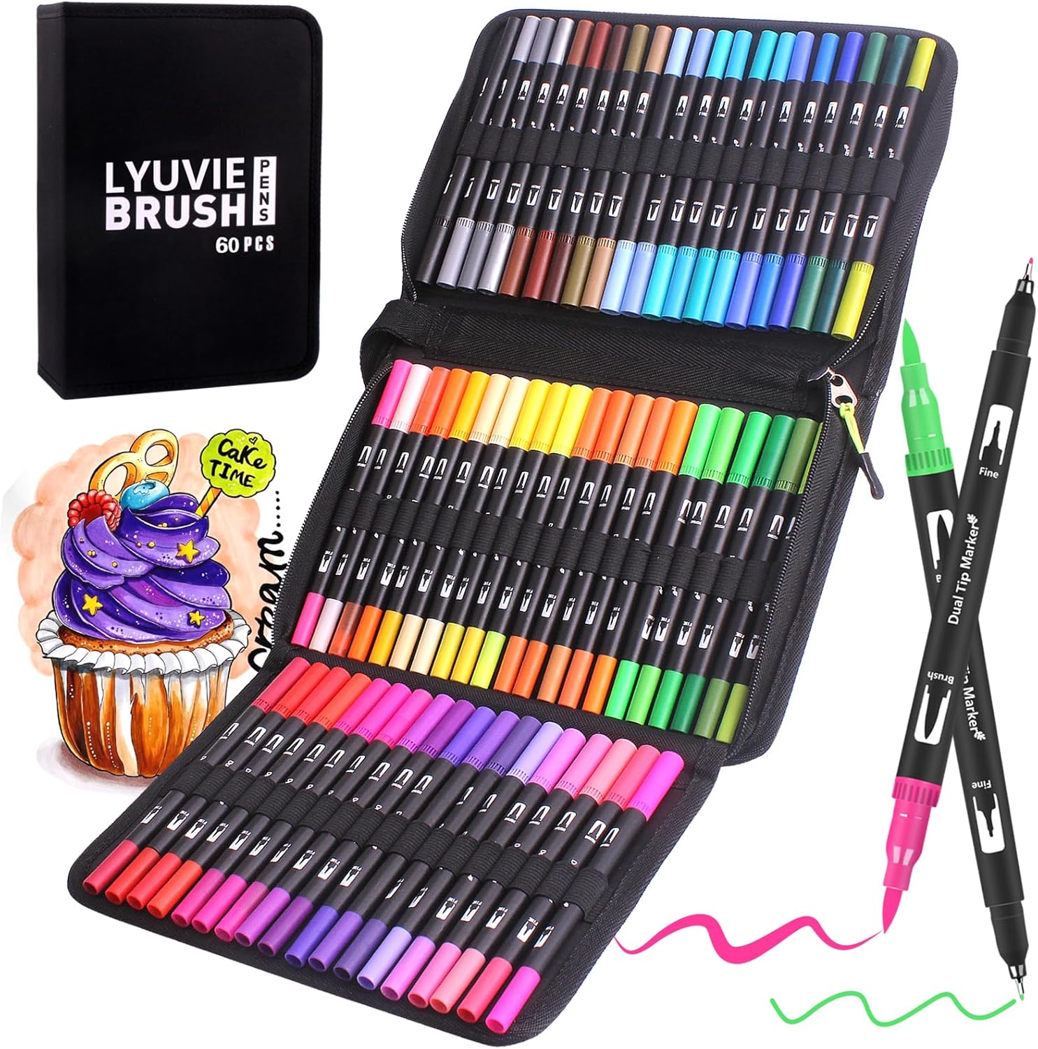 Lyuvie Colouring Pens, 60 Dual Tip Brush Markers with for Adults Kids,Felt BrushTip Pens Fineline Coloured Pens with Case for Drawing,Colouring,Sketching,Easter,Christmas-0