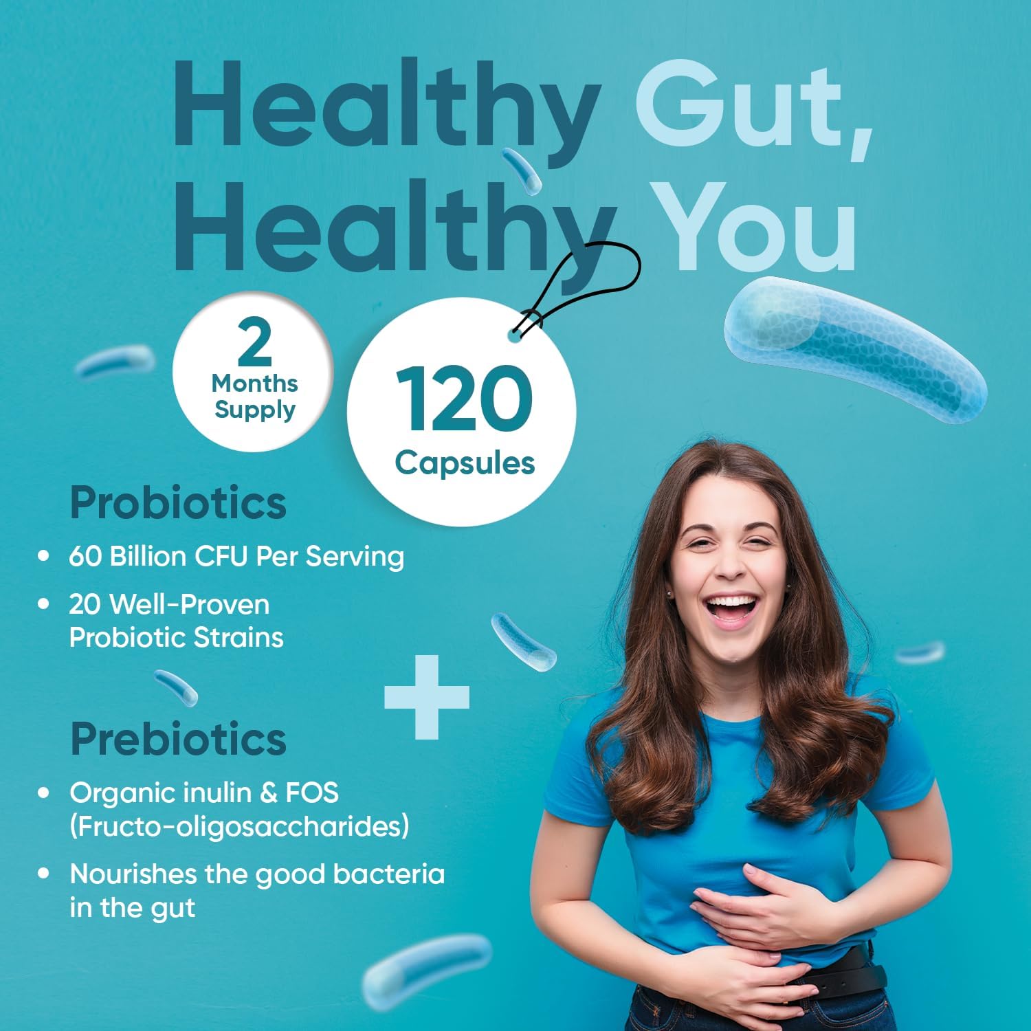 Bio Cultures Complex Probiotics & Prebiotics - 60 Billion CFU - 2 Months Supply - 120 Vegan Probiotic Complex Capsules for Adults - 20 Gut-Friendly Bacterial Cultures Like Lactobacillus Acidophilus-1