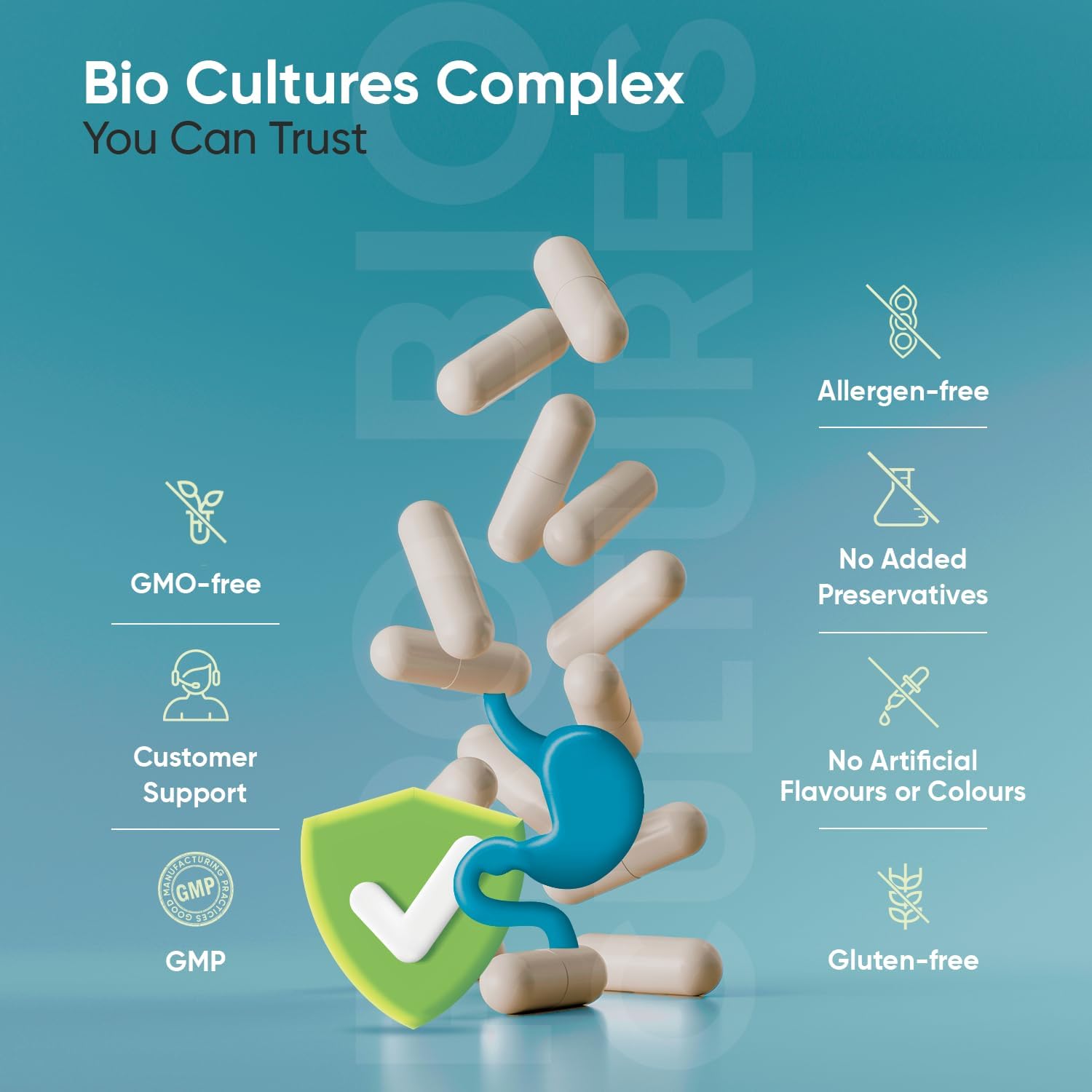 Bio Cultures Complex Probiotics & Prebiotics - 60 Billion CFU - 2 Months Supply - 120 Vegan Probiotic Complex Capsules for Adults - 20 Gut-Friendly Bacterial Cultures Like Lactobacillus Acidophilus-3