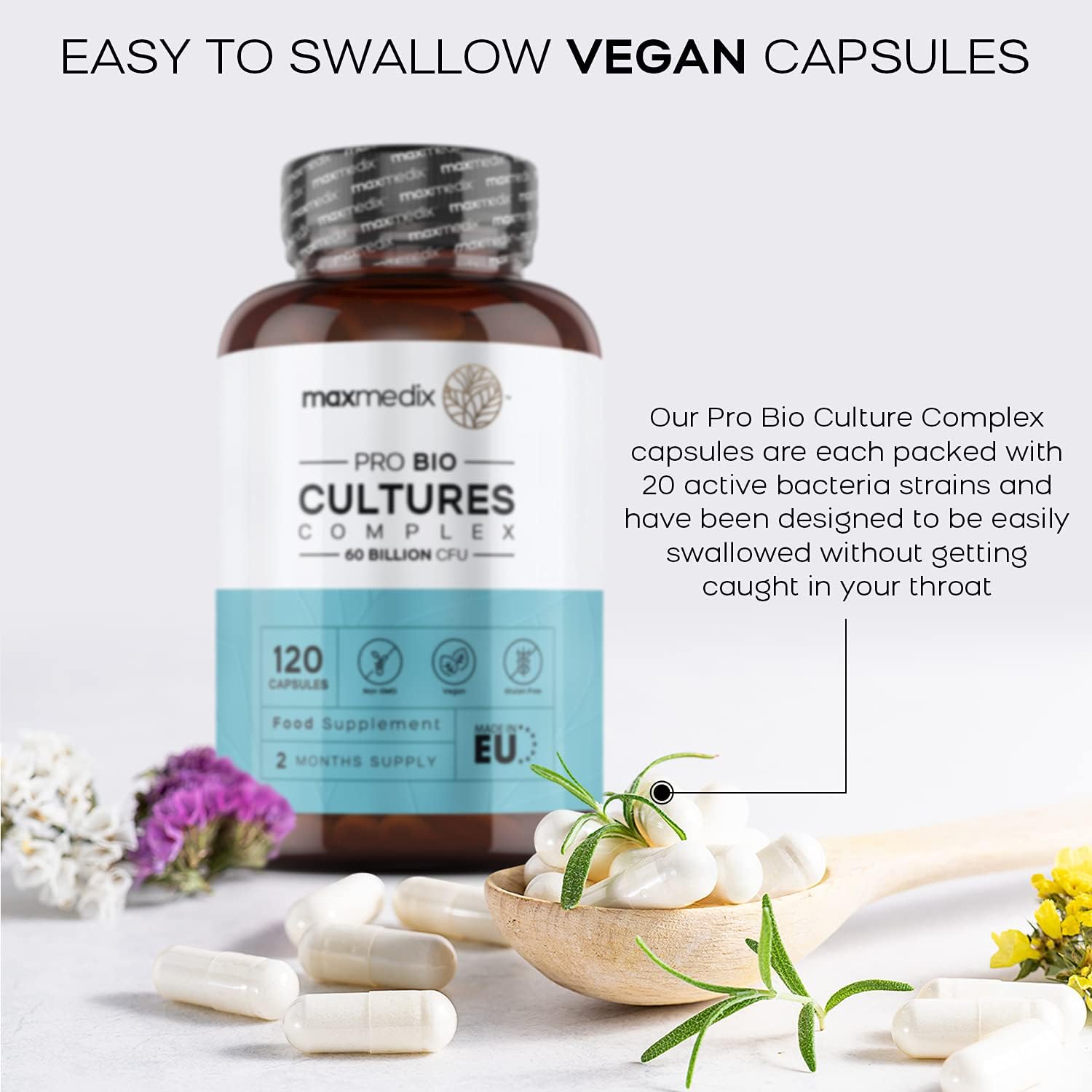 Bio Cultures Complex Probiotics & Prebiotics - 60 Billion CFU - 2 Months Supply - 120 Vegan Probiotic Complex Capsules for Adults - 20 Gut-Friendly Bacterial Cultures Like Lactobacillus Acidophilus-6