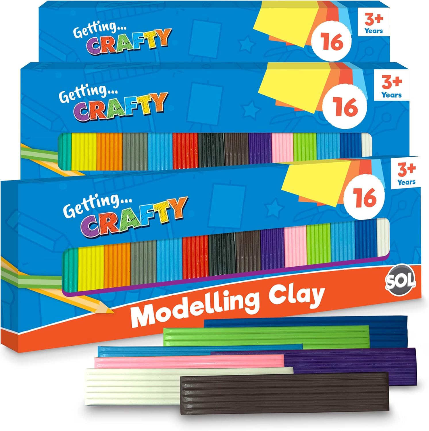 3pk Modelling Clay | 16 Assorted Colours Clay | Safe and Non Toxic Moulding Clay | Modeling Clay for Kids | Non Hardening Block Clay | Soft Clay for DIY Arts and Crafts-0