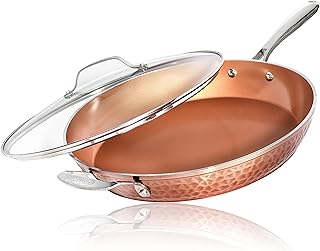 Gotham Steel 14 Inch Nonstick Fry Pan with Lid – Hammered Copper Collection, Premium Aluminum Cookware with Stainless Steel Handles Dishwasher and Oven Safe