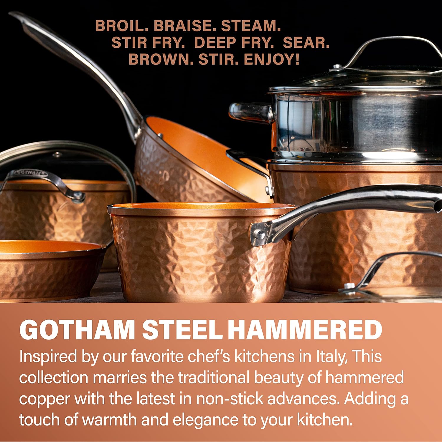 Gotham Steel 14 Inch Nonstick Fry Pan with Lid – Hammered Copper Collection, Premium Aluminum Cookware with Stainless Steel Handles Dishwasher and Oven Safe-1