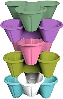 simpahome 6 x Plastic Strawberry Planter Trio 3 Pot Tri-Pot Stacking Pot for Herb Flower Bedding Indoor Outdoor Garden - Random Colours