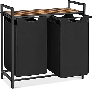 Vasagle BLH201B01V1 Dirty Laundry Basket, 2 Compartments, Bin, with 2 Removable Oxford Cloth Bags, Metal Frame, 2 x 46 Litres, 73 x 33 x 72 cm, Rustic Brown and Black