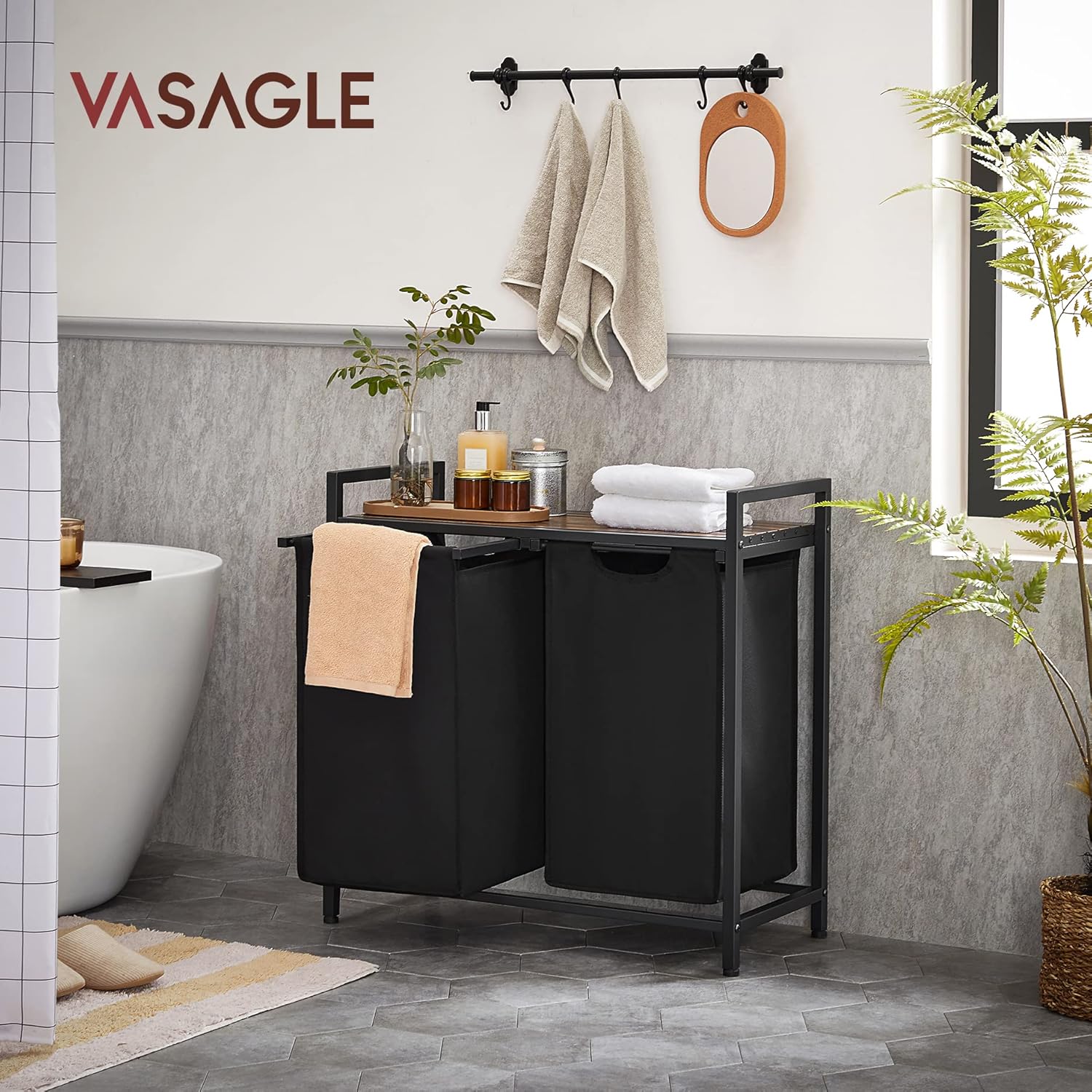 Vasagle BLH201B01V1 Dirty Laundry Basket, 2 Compartments, Bin, with 2 Removable Oxford Cloth Bags, Metal Frame, 2 x 46 Litres, 73 x 33 x 72 cm, Rustic Brown and Black-1