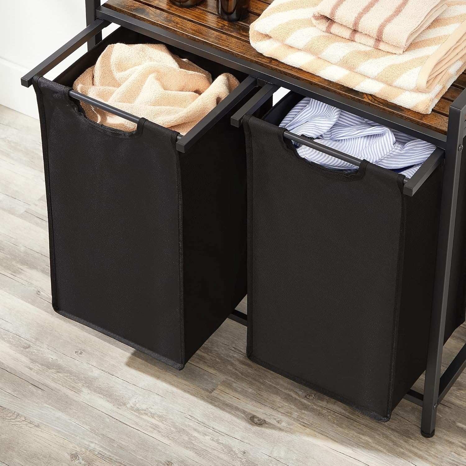 Vasagle BLH201B01V1 Dirty Laundry Basket, 2 Compartments, Bin, with 2 Removable Oxford Cloth Bags, Metal Frame, 2 x 46 Litres, 73 x 33 x 72 cm, Rustic Brown and Black-8