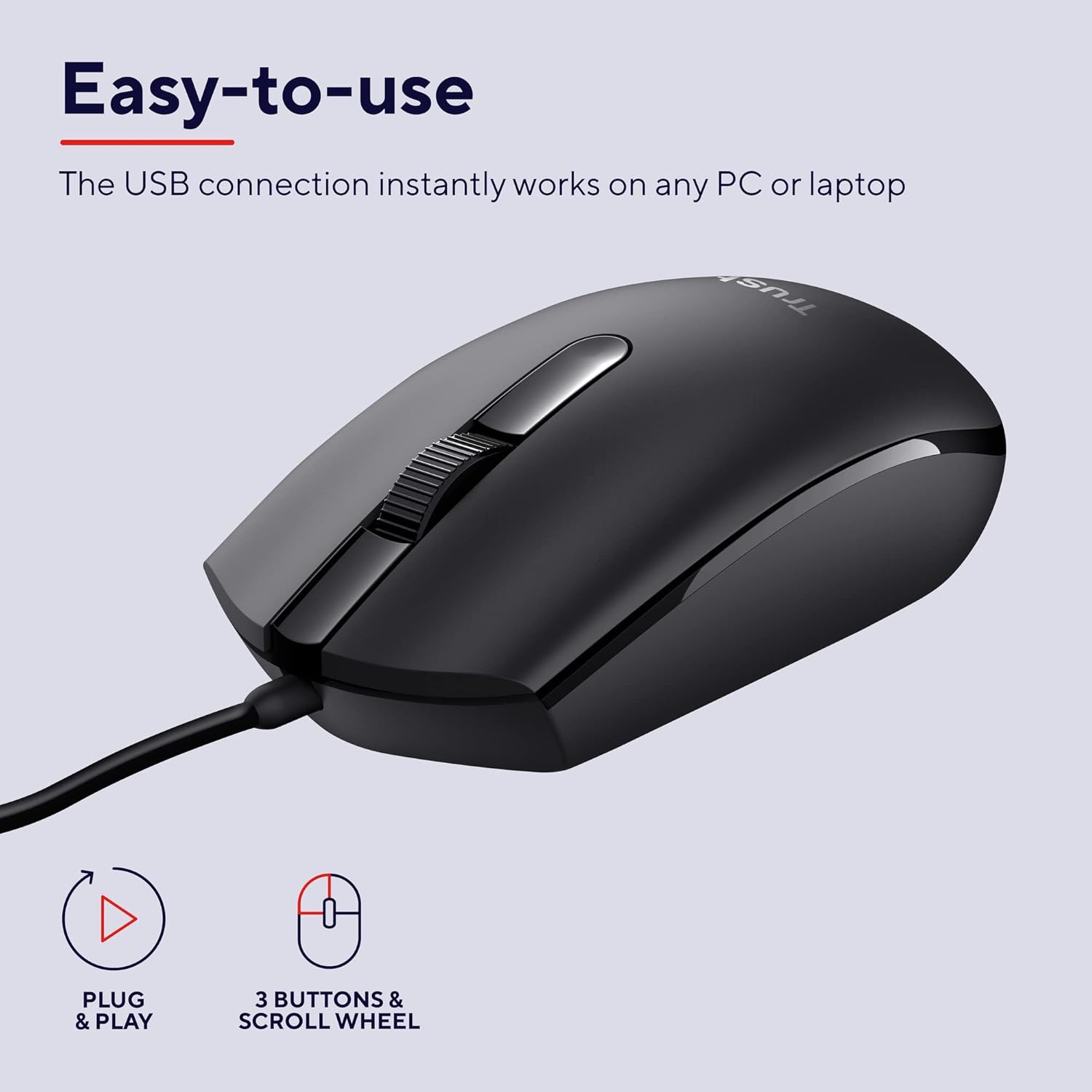 Trust Basi Computer Mouse with Optical Sensor, 3 Buttons, Wired Mouse for Left and Right Handed Users, 160 cm Cable, Plug & Play USB Mouse for PC, Laptop, Mac - Black-1