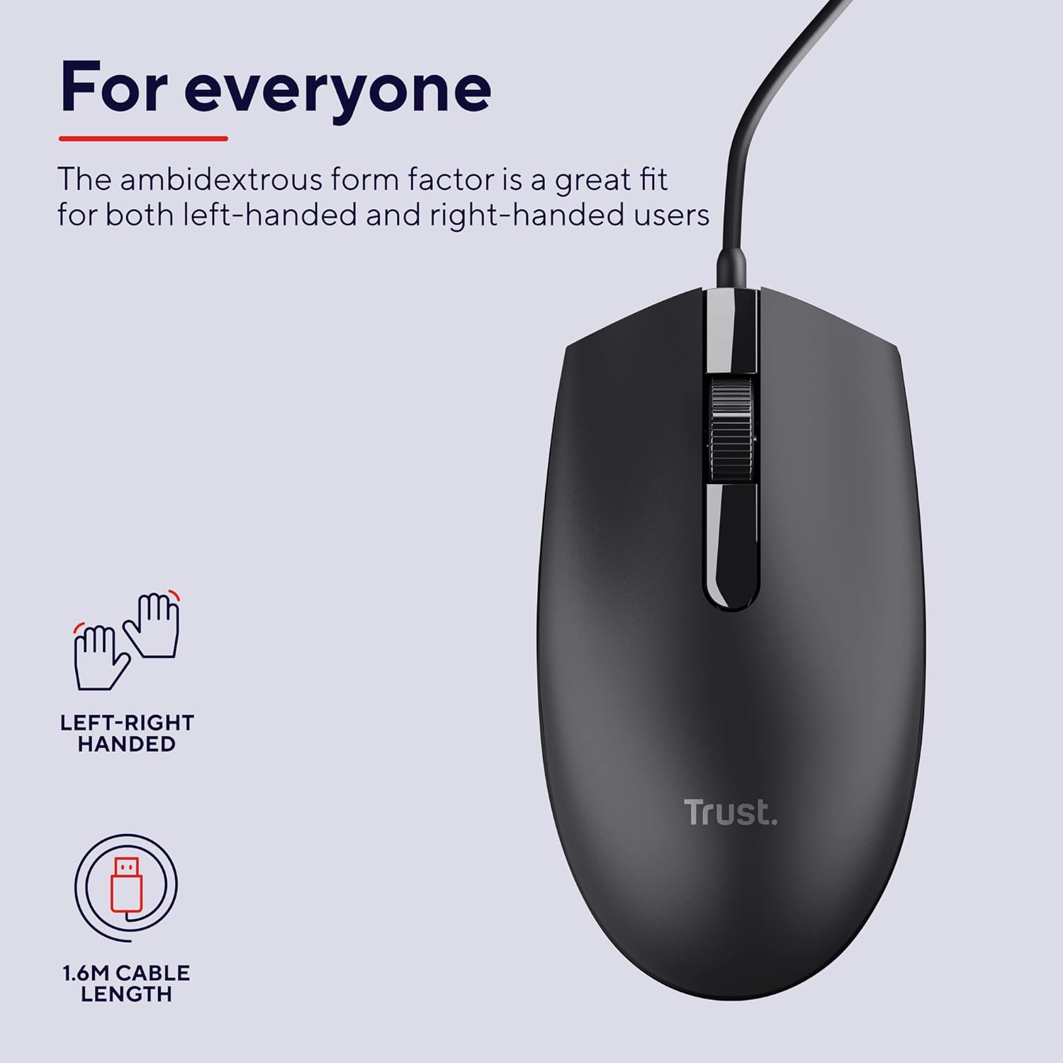 Trust Basi Computer Mouse with Optical Sensor, 3 Buttons, Wired Mouse for Left and Right Handed Users, 160 cm Cable, Plug & Play USB Mouse for PC, Laptop, Mac - Black-3