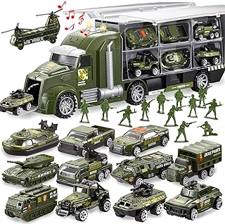 JOYIN 25 in 1 Military Truck Army Vehicle Toy Set with toy soldiers, Mini Combat Vehicle Toy in Carrier Truck with Lights and Sounds, Kids Birthday Gifts for Boys Age 3+ (Green)