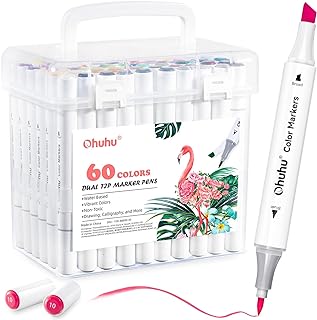 Ohuhu Markers 60 Colours, Water-Based Dual Tip Colouring Pens for Anime and Manga, Sketching, Drawing, Art Markers Set with 1 Colourless Blender and Storage Base, Odourless and Washable