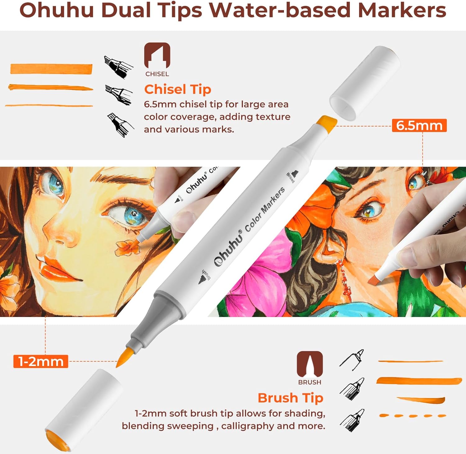 Ohuhu Markers 60 Colours, Water-Based Dual Tip Colouring Pens for Anime and Manga, Sketching, Drawing, Art Markers Set with 1 Colourless Blender and Storage Base, Odourless and Washable-1