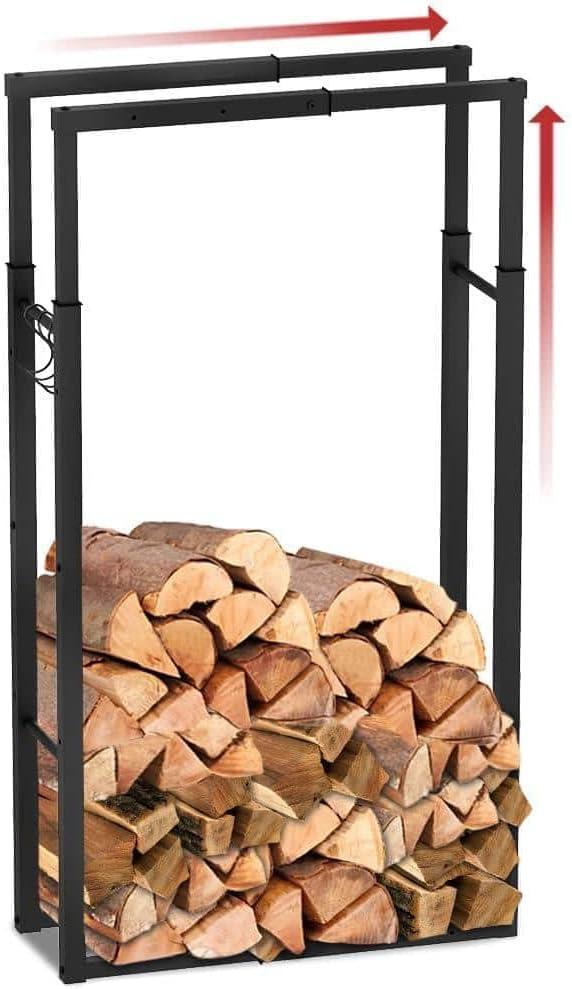 VOUNOT Firewood Log Rack, Retractable Metal Log Store Holder for Outdoor or Indoor, 9 Adjustable Sizes, Maximum dimension 65 x 25 x 150 cm, Black-0