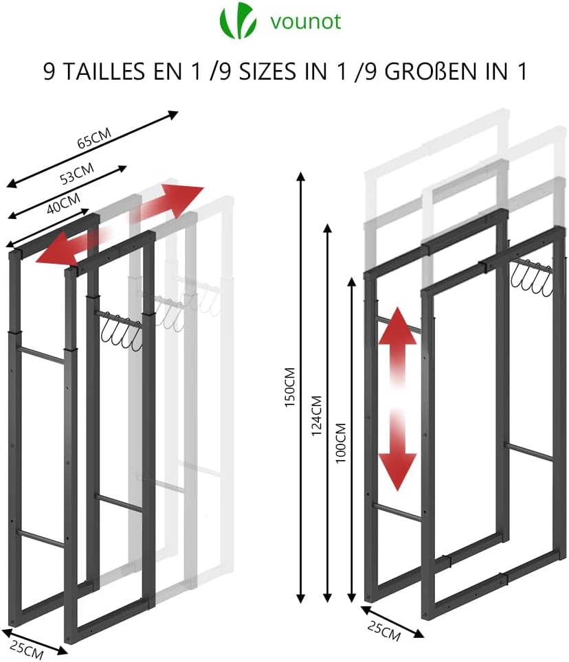 VOUNOT Firewood Log Rack, Retractable Metal Log Store Holder for Outdoor or Indoor, 9 Adjustable Sizes, Maximum dimension 65 x 25 x 150 cm, Black-1