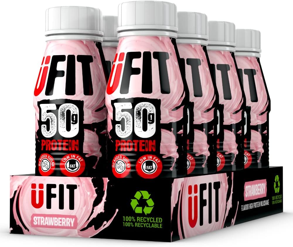 UFIT High 50g Protein Shake, No Added Sugar, Low in Fat, Strawberry Flavour Ready to Drink, Pack of 8 x 500 ml (Packaging May Vary)-0