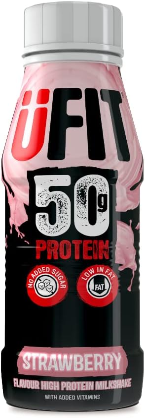 UFIT High 50g Protein Shake, No Added Sugar, Low in Fat, Strawberry Flavour Ready to Drink, Pack of 8 x 500 ml (Packaging May Vary)-1