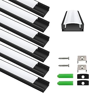 inShareplus 6 Pack, 3.3ft/1 Meter, Black, LED Aluminum Channel System U Shape with Milk White Cover, End Caps and Mounting Clips, Aluminum Profile for LED Strip Light Installation