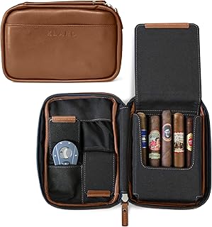 CASE ELEGANCE Travel Leather Cigar Case, 5 Cigar Storage, 2 Accessory Pockets, Humidification Pocket, Internal Hard-Shell Protection Brown