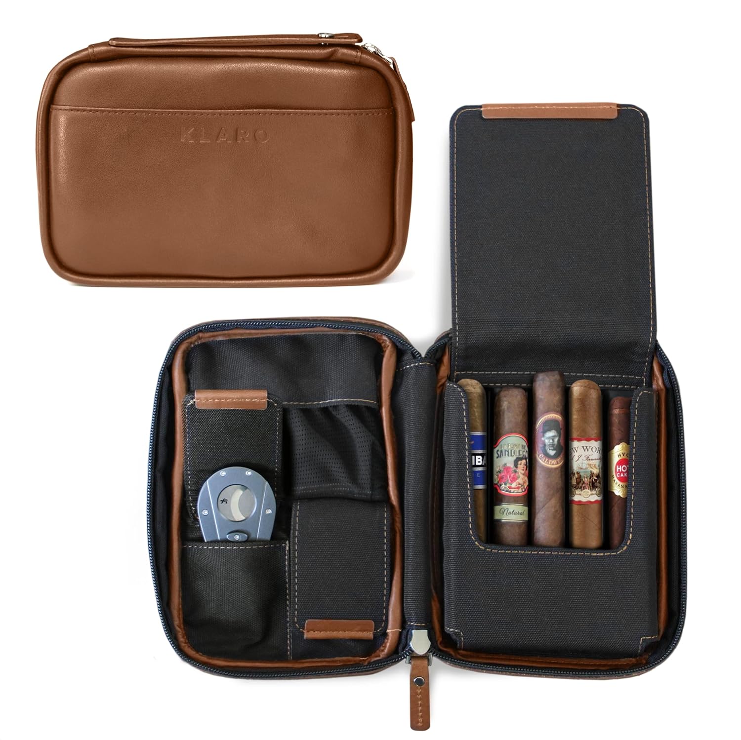 CASE ELEGANCE Travel Leather Cigar Case, 5 Cigar Storage, 2 Accessory Pockets, Humidification Pocket, Internal Hard-Shell Protection Brown-0