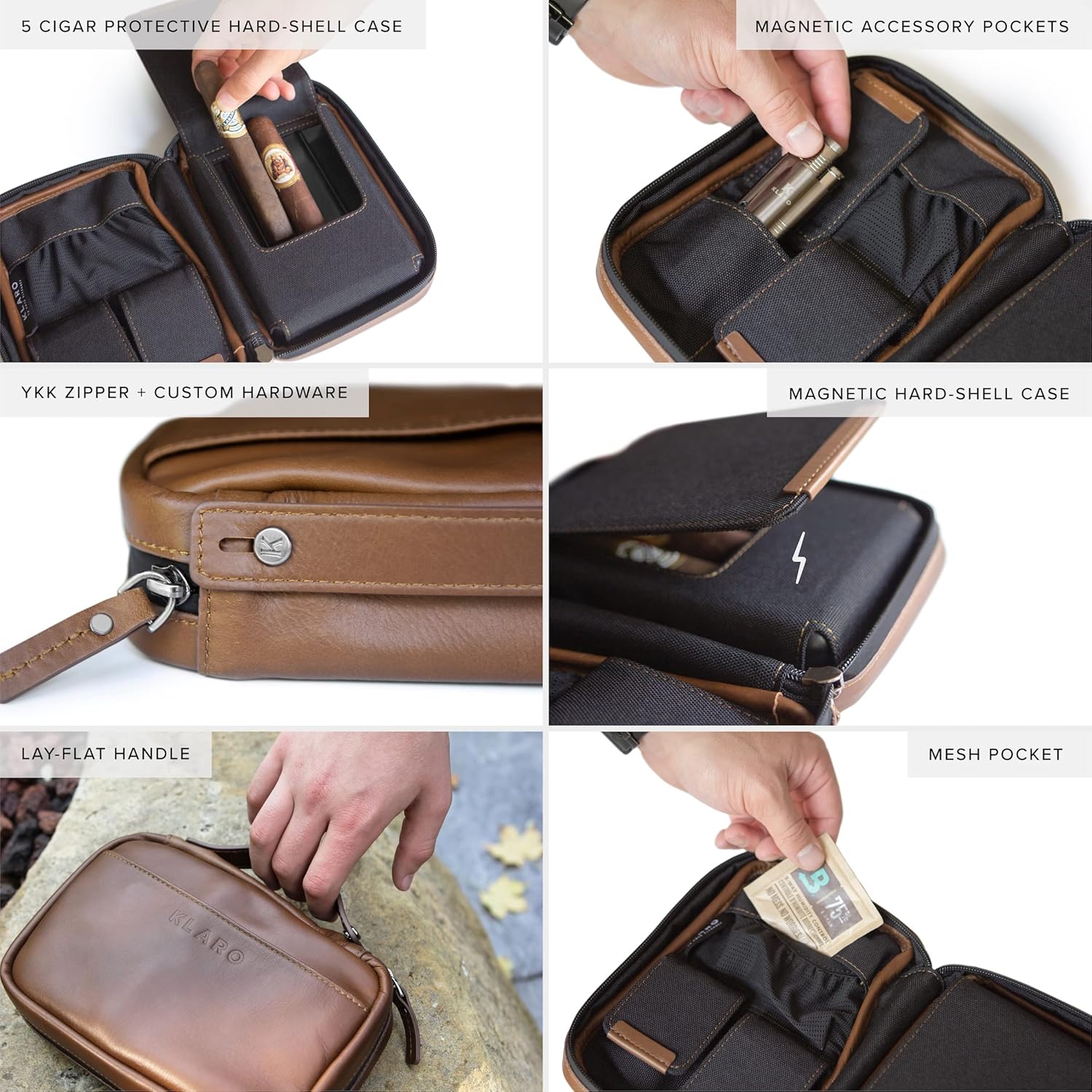 CASE ELEGANCE Travel Leather Cigar Case, 5 Cigar Storage, 2 Accessory Pockets, Humidification Pocket, Internal Hard-Shell Protection Brown-3