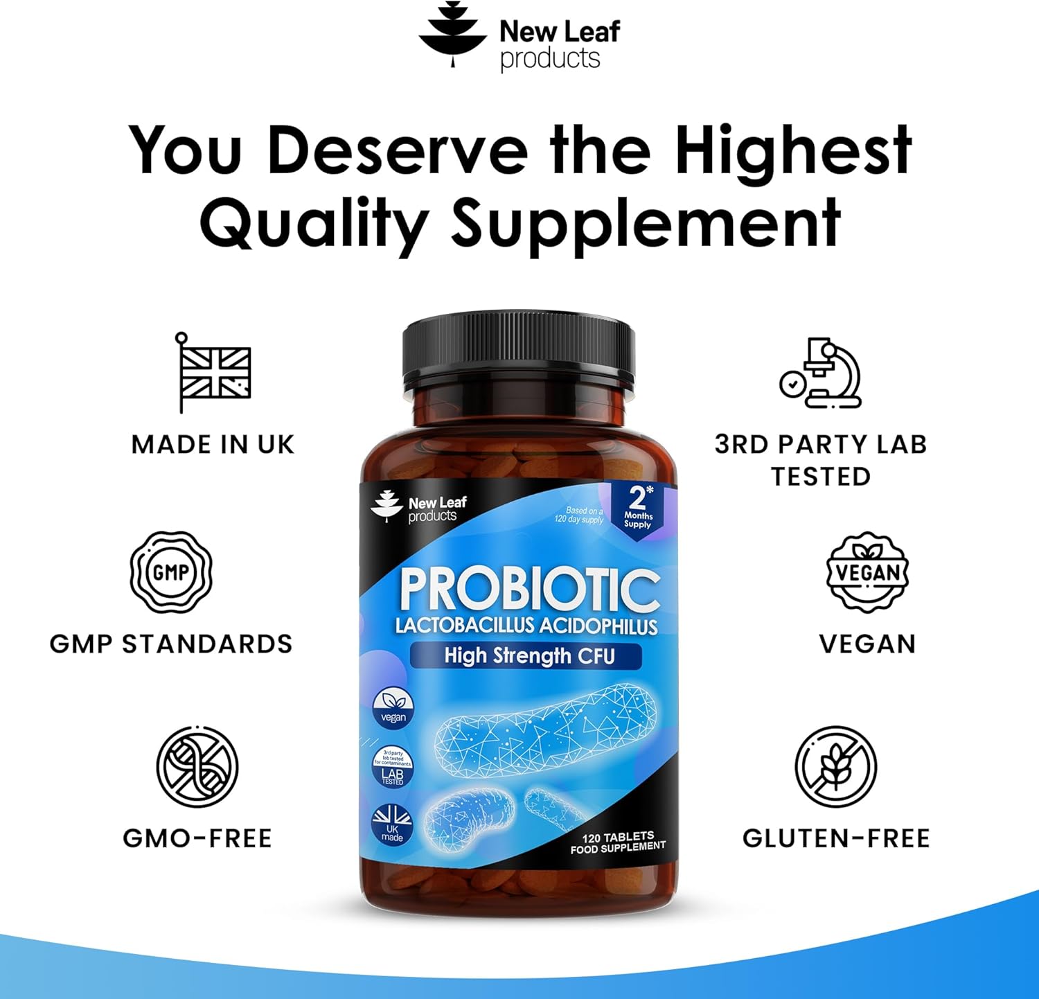 Probiotic Supplements Acidophilus Probiotic Tablets High Strength - Digestive & Gut Health Supplements Lactobacillus Probiotics for Gut Health - Vegan, GMO-Free, Gluten-Free, GMP, UK Made,120 Tablets-3