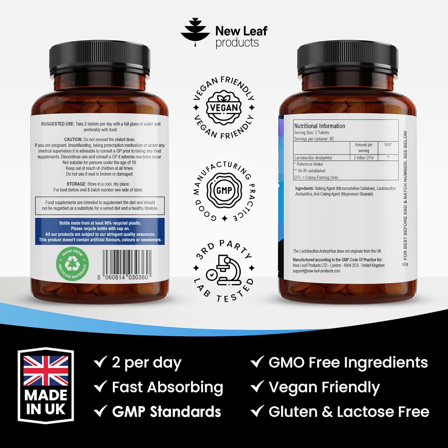 Probiotic Supplements Acidophilus Probiotic Tablets High Strength - Digestive & Gut Health Supplements Lactobacillus Probiotics for Gut Health - Vegan, GMO-Free, Gluten-Free, GMP, UK Made,120 Tablets-5