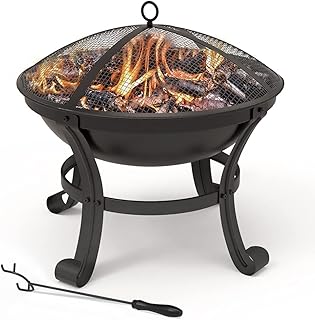 VOUNOT Fire Pit for Garden with Grate, Lid and Poker, Outdoor Heater Charcoal Log Wood Burner, Fire Bowl for Bonfire, Camping, Diameter 55 cm 55 x 51.5cm,Black