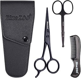 Beard Scissors/Nose Scissors/Mustache Comb Multi Functions Grooming Kit Gift Set Beard Trim Scissor Kit Trimming Nasal Hair for Men with Storage Bag (Black)