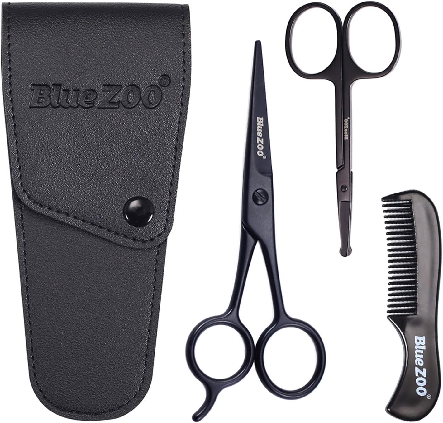 Beard Scissors/Nose Scissors/Mustache Comb Multi Functions Grooming Kit Gift Set Beard Trim Scissor Kit Trimming Nasal Hair for Men with Storage Bag (Black)-0