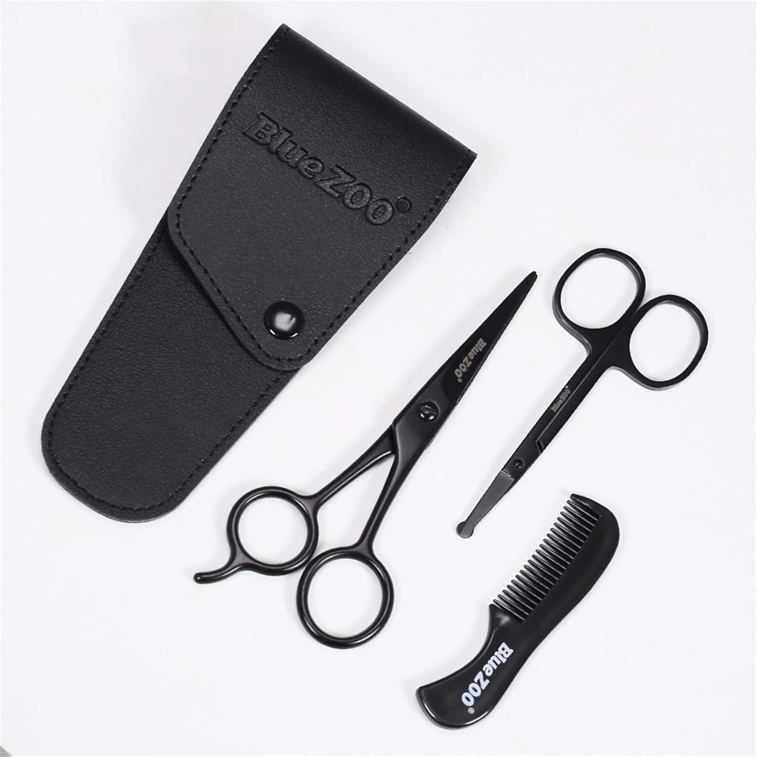 Beard Scissors/Nose Scissors/Mustache Comb Multi Functions Grooming Kit Gift Set Beard Trim Scissor Kit Trimming Nasal Hair for Men with Storage Bag (Black)-4