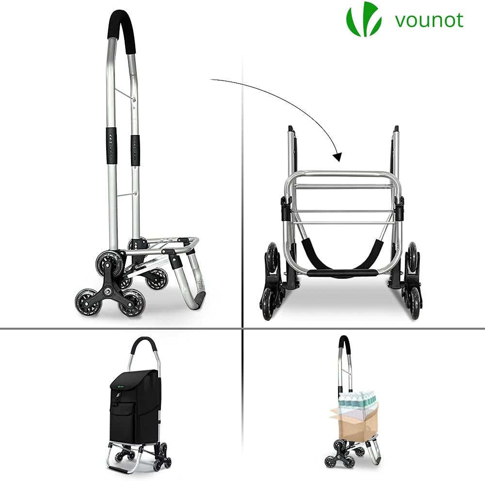 VOUNOT Folding Shopping Trolley on 6 Wheels, Aluminium Lightweight Shopping Cart with Detachable Bag, Stair Climbing Grocery Trolley, 55L, Black-2