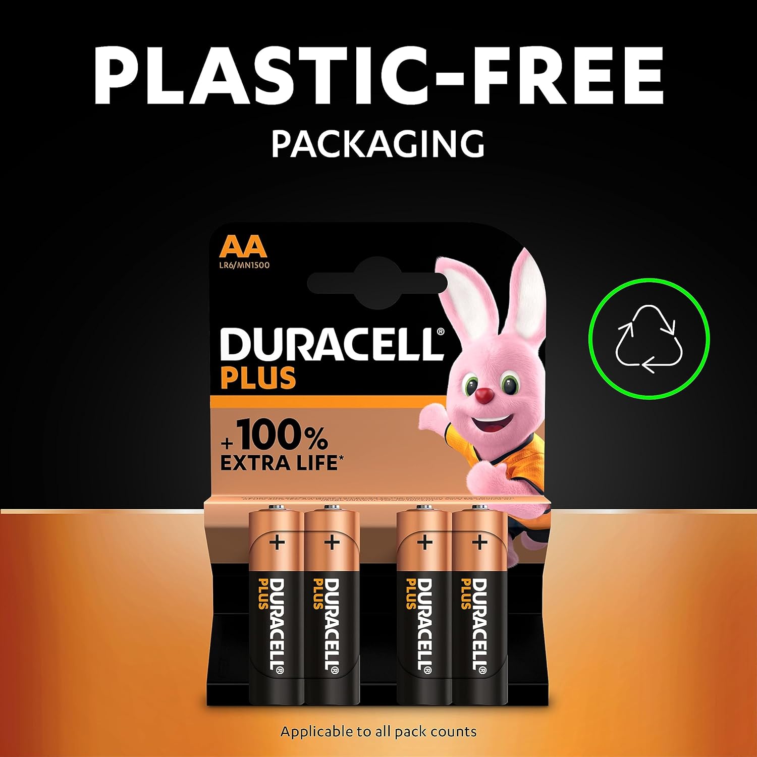 Duracell Plus AA Batteries (8 Pack) - Alkaline 1.5V - Up To 100% Extra Life - Reliability For Everyday Devices - 0% Plastic Packaging - 10 Year Storage - LR6 MN1500-5