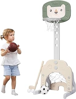 Maxmass Basketball Hoop Set, 3 in 1 Sports Activity Center with Basketball & Soccer Ball, Height Adjustable Basketball Stand for Kids