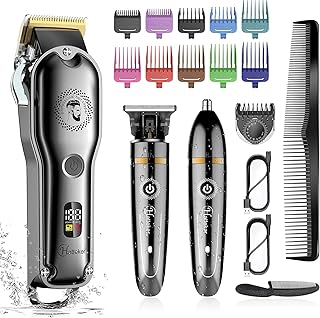 Hatteker Hair Clipper Cordless Hair Trimmer Barber Clipper T-Blade Trimmer Beard Trimmer Nose Trimmer Hair Cutting Grooming Kit Professional IPX7 Waterproof