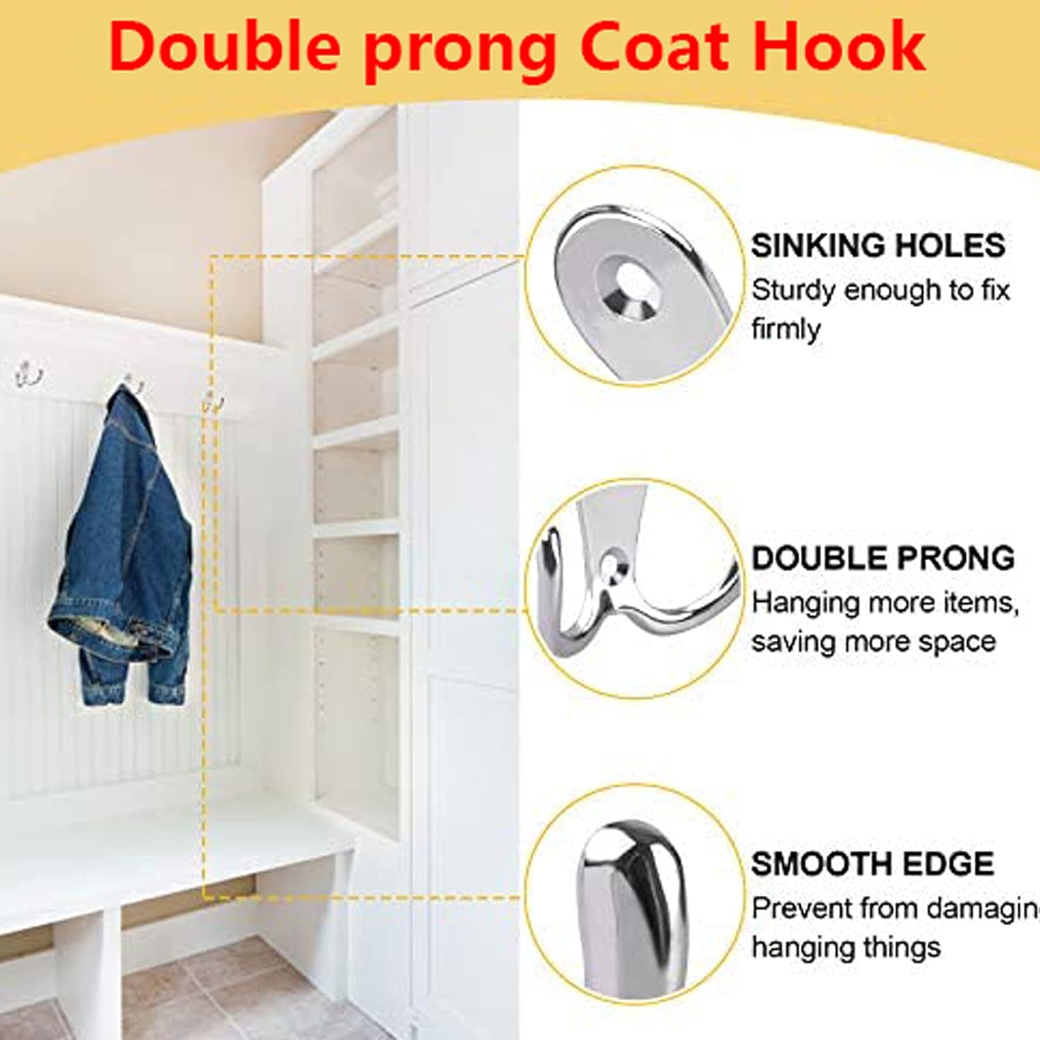 xinsheng Double Hook, Coat Hooks, Metal Door Hook, Clothes Hook, Silver Mounted Wall Hooks, Double Hooks for Back of door Bathroom Bedroom(6Pcs)-3