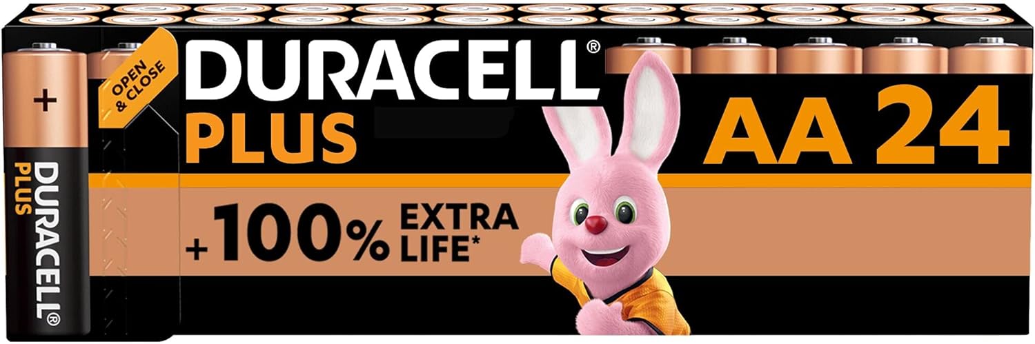 Duracell Plus AA Batteries (24 Pack) - Alkaline 1.5V - Up To 100% Extra Life - Reliability For Everyday Devices - 0% Plastic Packaging - 10 Year Storage - LR6 MN1500-0