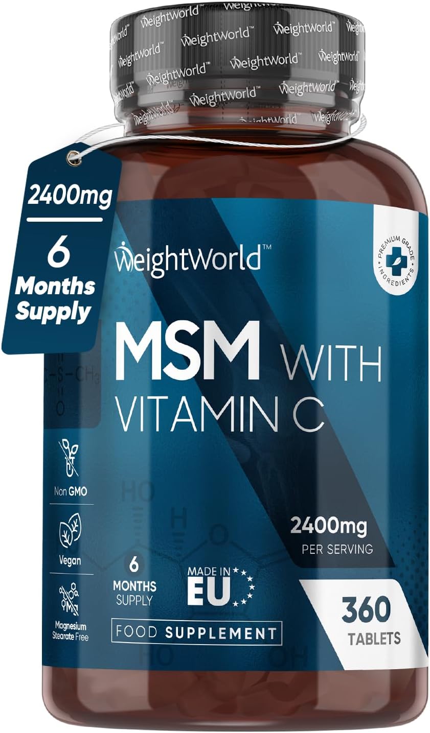 MSM Supplements - 2400mg High Strength Methylsulfonylmethane (MSM) with Vitamin C for Bones - 360 Vegan Tablets (not MSM Capsules) - 6 Months Supply - Non-GMO & Gluten-Free Sulphur Tablets-0