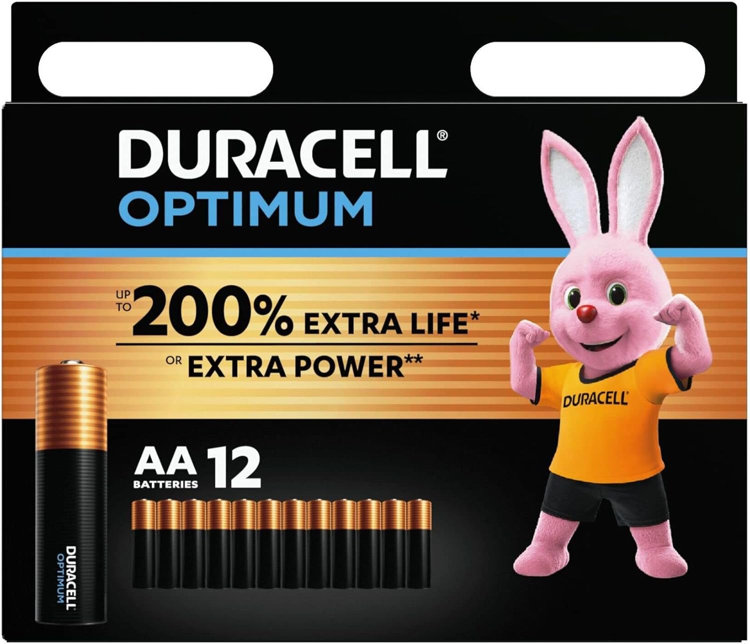 Duracell Optimum AA Batteries (12 Pack) - Alkaline Batteries 1.5V - Up To 200% Extra Life or Extra Power - Meets Demands Of Modern Devices - 100% Recyclable, 0% Plastic Packaging - LR6 MX1500-0