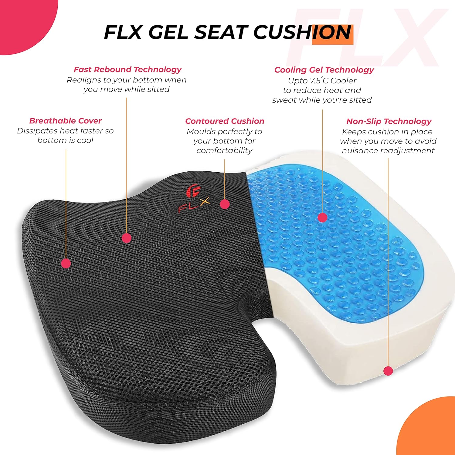 F FLX ENERGISING EXCELLENCE Orthopedic Memory Foam Support Gel Cushion for Sciatica, Tailbone and Hip Pain - Pressure Relief on the Back and Coccyx in your Car Seat, Office Chair or Wheelchair-1