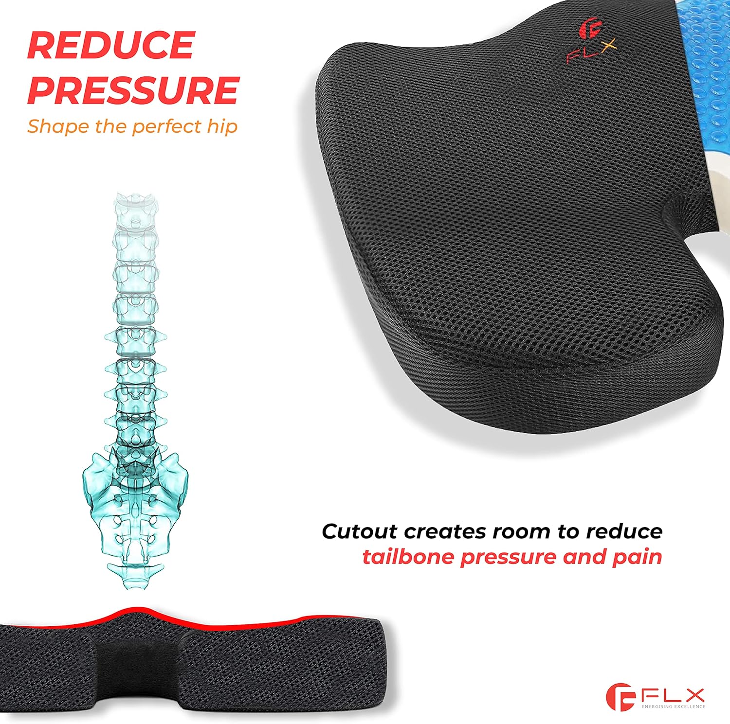 F FLX ENERGISING EXCELLENCE Orthopedic Memory Foam Support Gel Cushion for Sciatica, Tailbone and Hip Pain - Pressure Relief on the Back and Coccyx in your Car Seat, Office Chair or Wheelchair-4