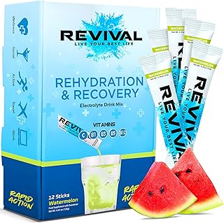 Revival Rapid Rehydration Electrolytes Powder - High Strength Vitamin C, B1, B3, B5, B12 Supplement Sachet Drink, Effervescent Electrolyte Hydration Tablets - 12 Pack Watermelon