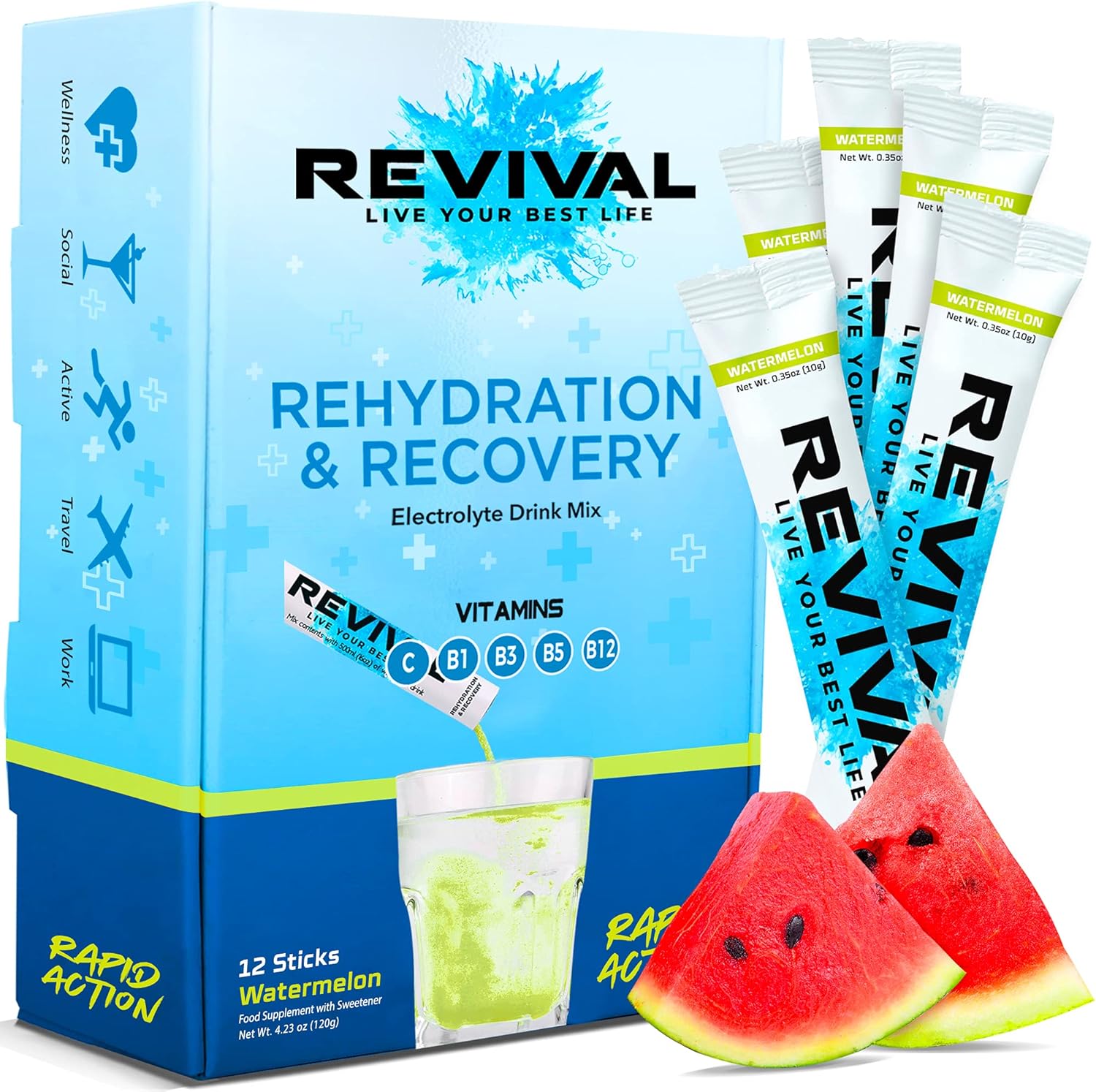 Revival Rapid Rehydration Electrolytes Powder - High Strength Vitamin C, B1, B3, B5, B12 Supplement Sachet Drink, Effervescent Electrolyte Hydration Tablets - 12 Pack Watermelon-0