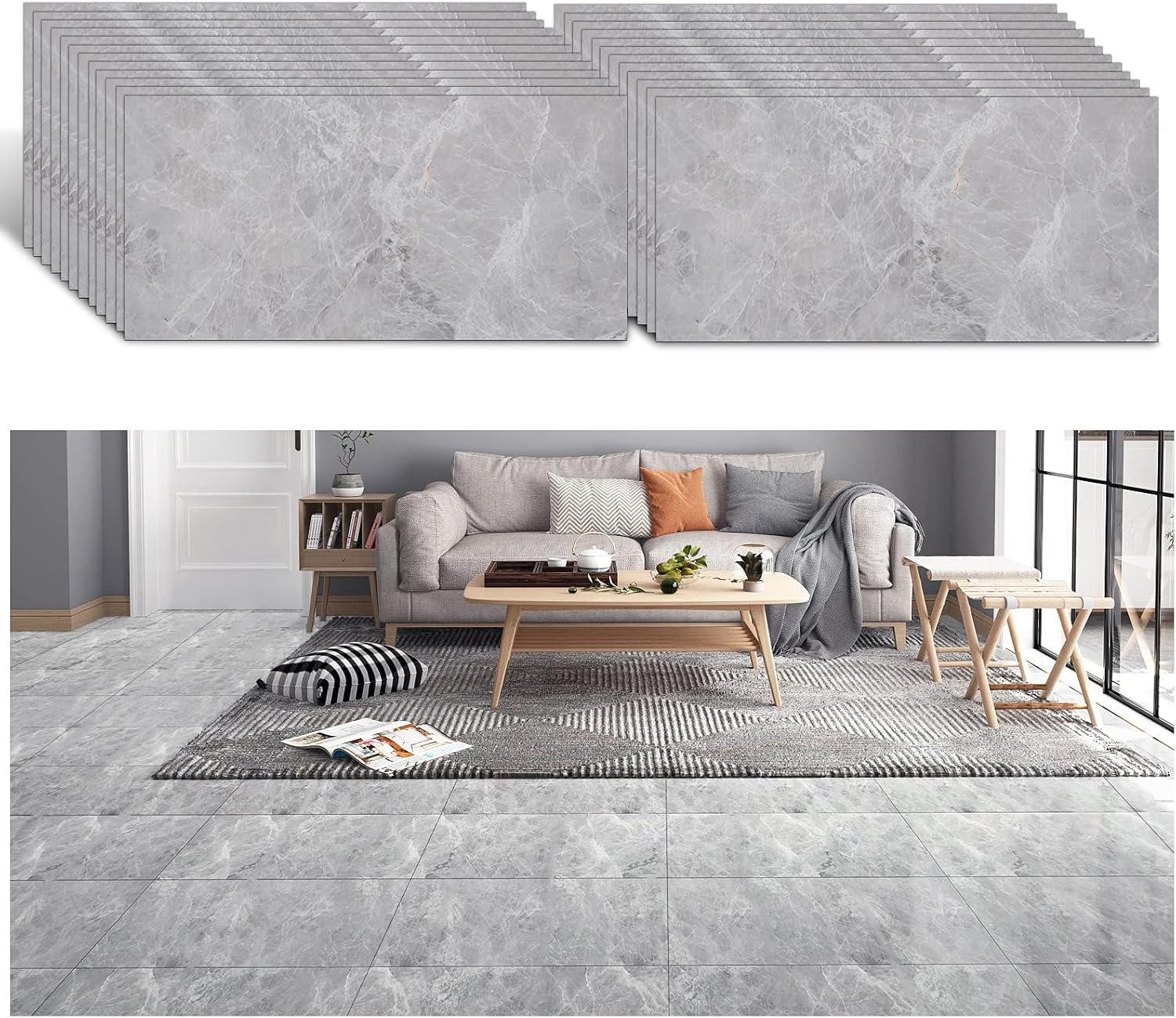 VEELIKE Grey Cement Flooring Sticker Tile Vinyl Peel and Stick for Kitchen Backsplash Bathroom Living Room Home Decoration Self-adhesive Floor Tile Sticker Waterproof Decor 24 Pieces 60cm x 30cm-0