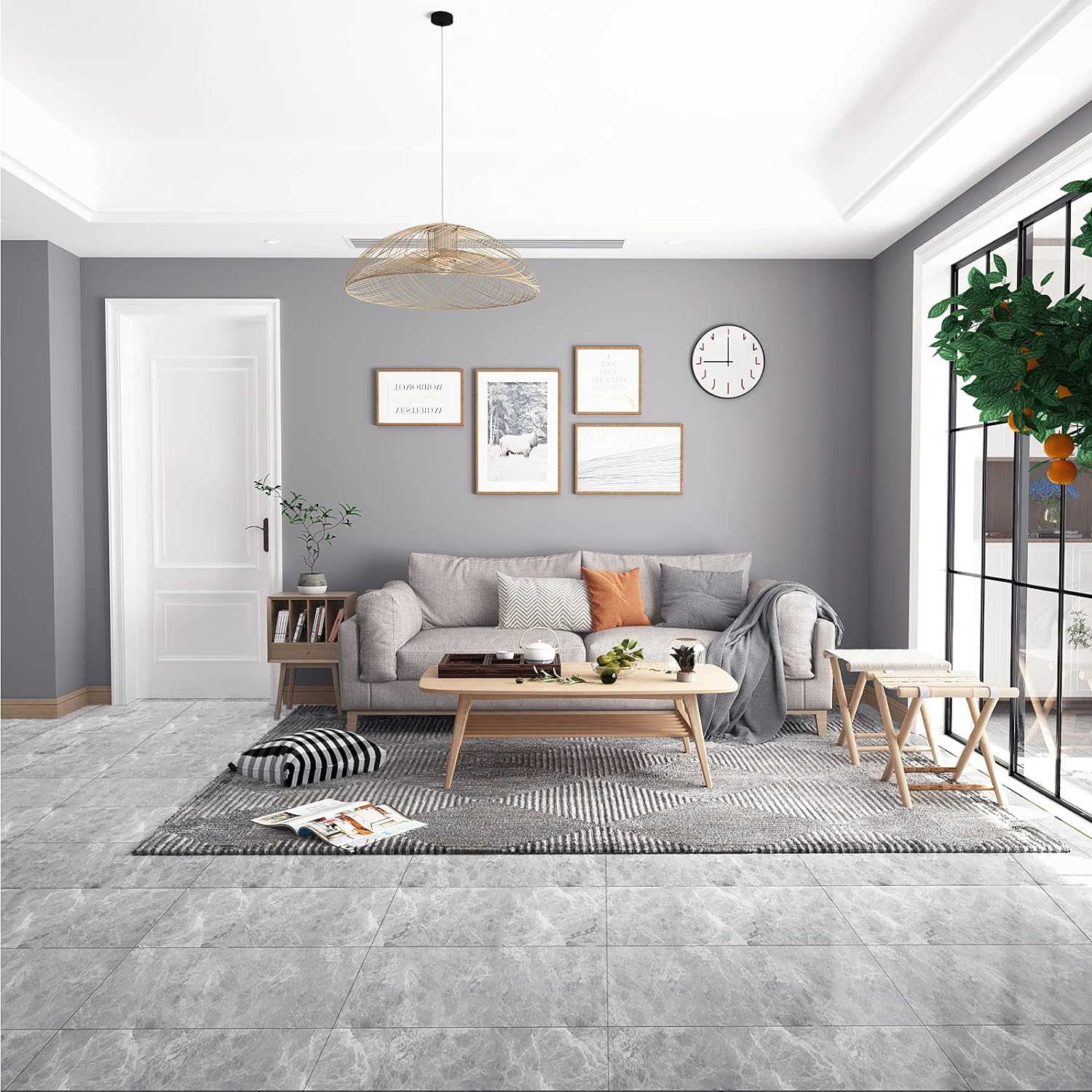 VEELIKE Grey Cement Flooring Sticker Tile Vinyl Peel and Stick for Kitchen Backsplash Bathroom Living Room Home Decoration Self-adhesive Floor Tile Sticker Waterproof Decor 24 Pieces 60cm x 30cm-1